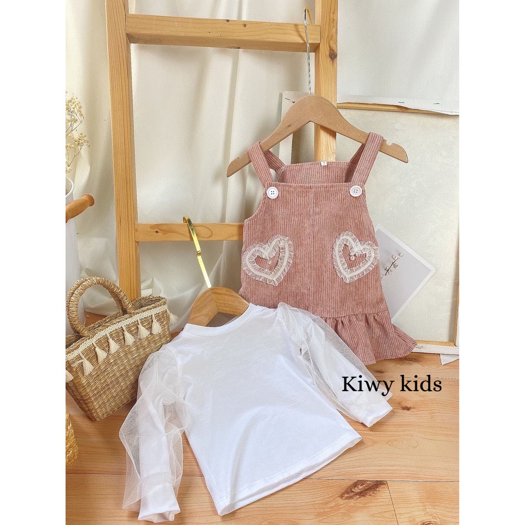 Set váy yếm bé gái KIWY KIDS gồm áo thun và váy rời chất nhung mặc mùa thu đông Kids09-59 cho bé từ 3 tháng đến 3 tuổi