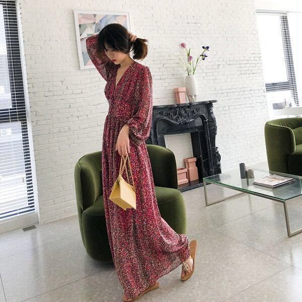 Women's Korean Mid-length Floral Chiffon Dress Long Sleeve High Waist plus Size Retro French Dresses