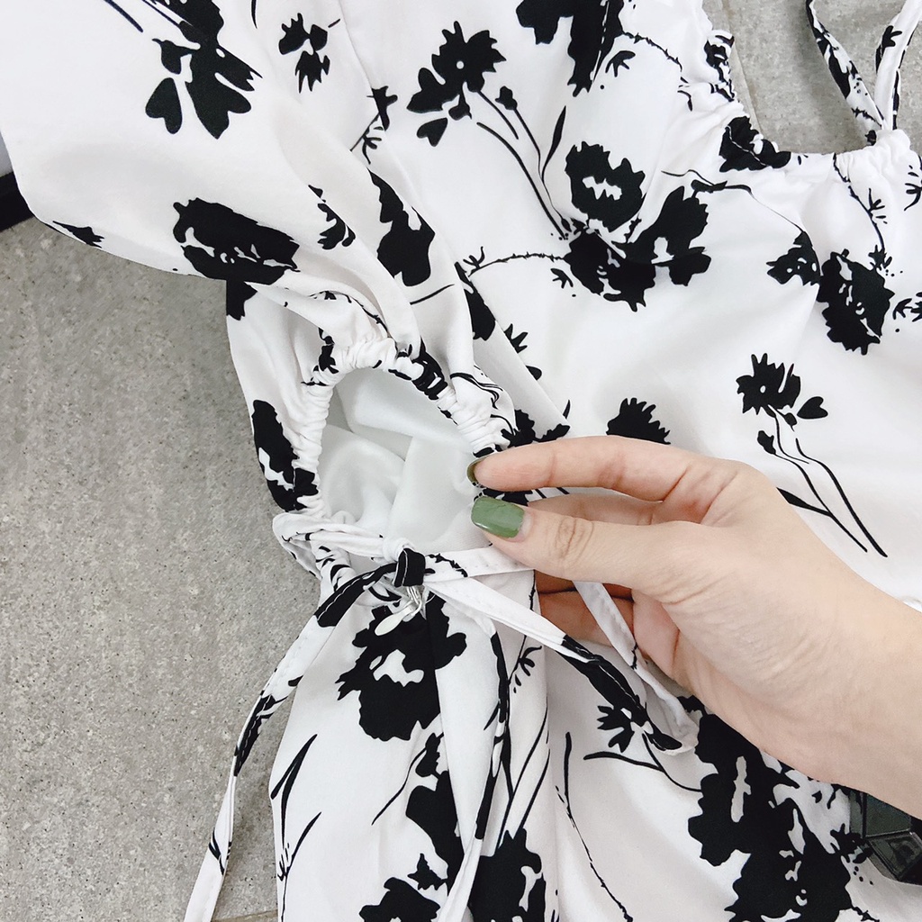 Set đầm midi hoa đen kèm khoác Rossy Fashion - SR195