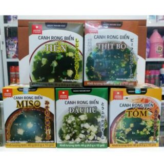 Combo 5 hộp/50 gói 5 vị (đậu hũ, miso, tôm, hến, bò) canh rong biển ASUZAC Nhật bản