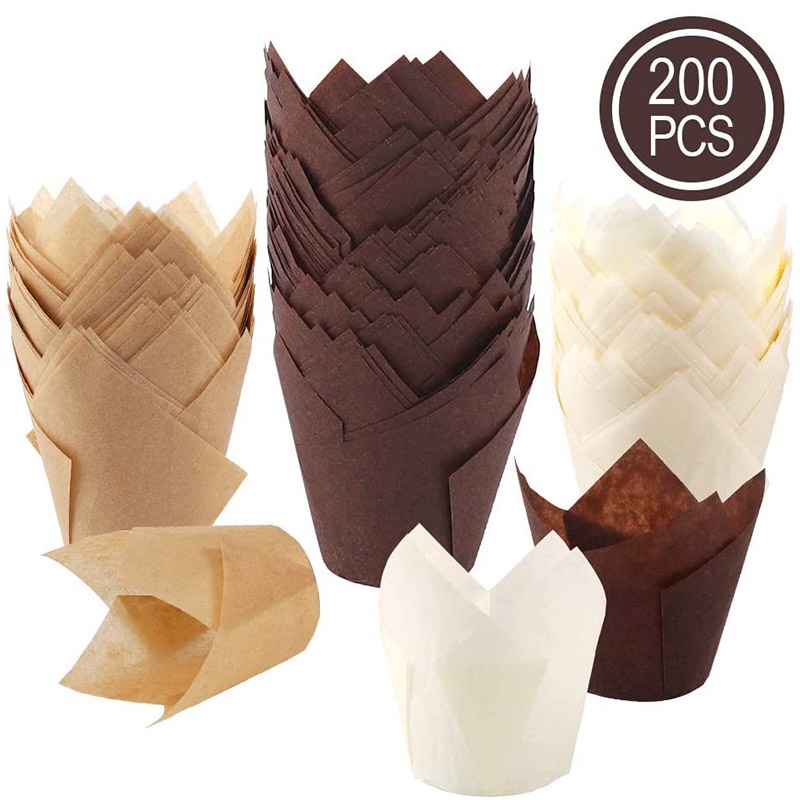 Set 200 Cốc Giấy Lót Bánh Cupcake Họa Tiết Hoa Tulip Xinh Xắn