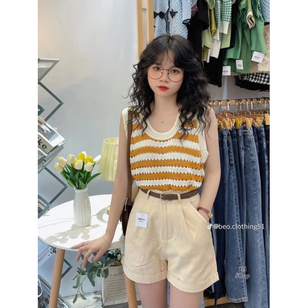 Áo len lưới kẻ viền hàng QC