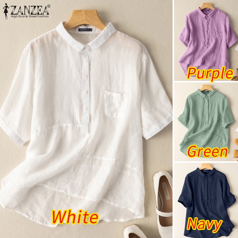 Zanzea Áo Sơ Mi Tay Dài Cổ Bẻ Màu Trơn Phong Cách Retro Dành Cho Nữ