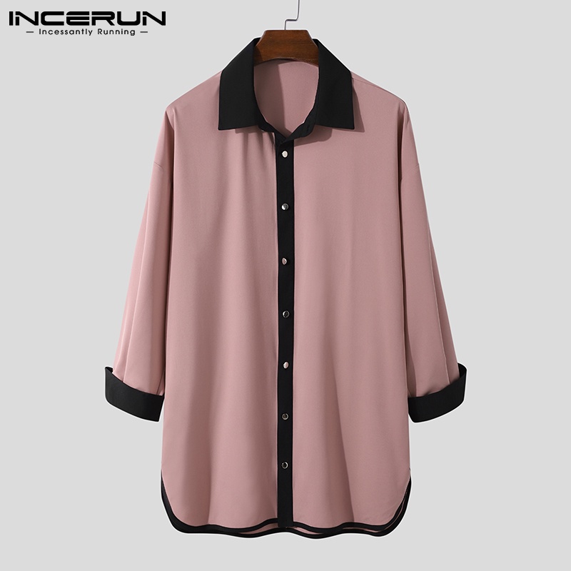 Áo sơ mi INCERUN dài tay màu sắc tương phản phối nút cá tính cho nam