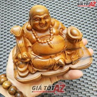 TƯỢNG DI LẶC NGỒI BƯNG VÀNG MANG TÀI LỘC - GỖ BÁCH XANH- THƠM MÁT - Tặng 1 vòng tay gỗ bách xanh 14ly.