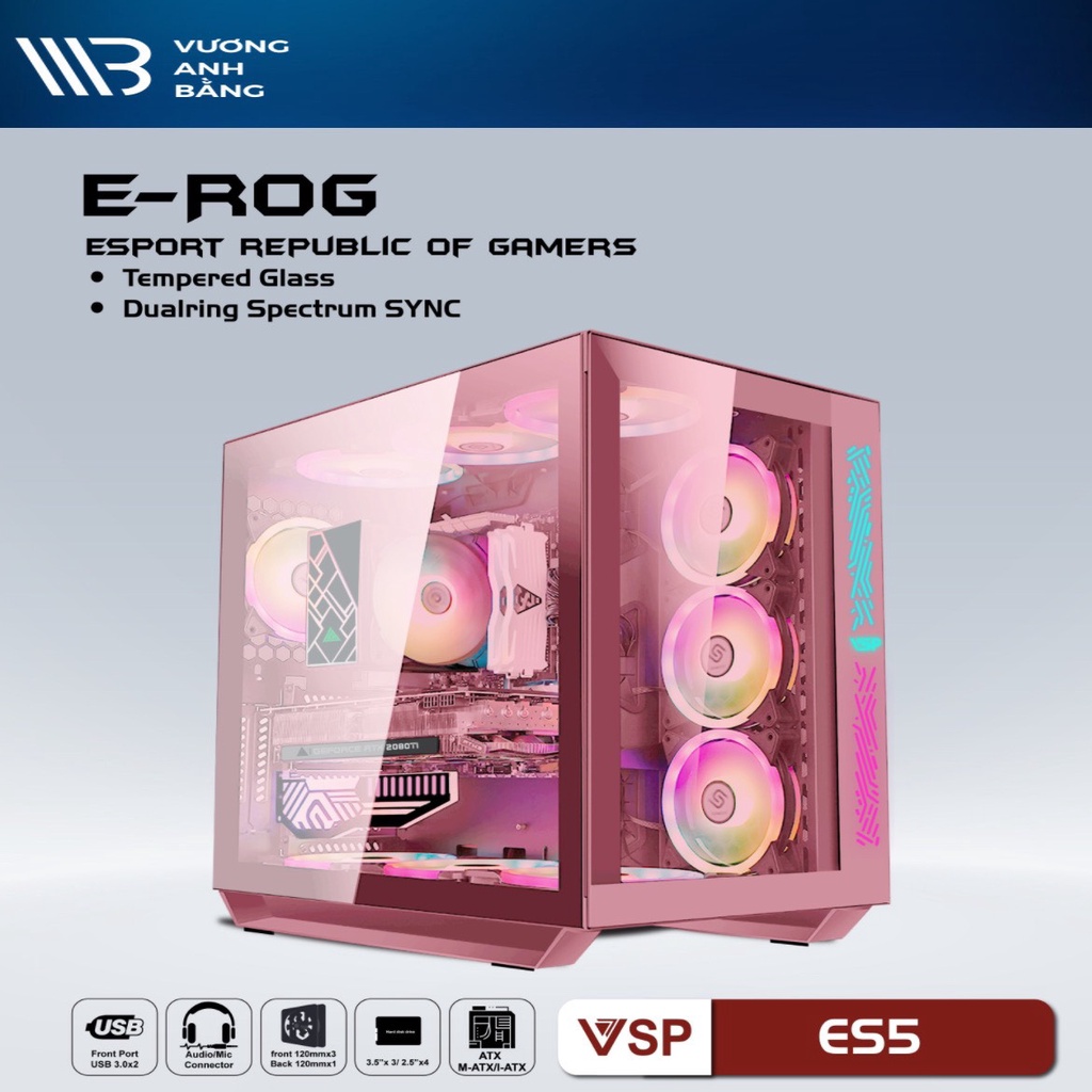 SIEU KHUYẾN MẠI Thùng máy tính, Thùng Case VSP E-ROG ES5 Gaming Black/ Pink ( Có sẳn panel LED, Hông + Mặt trước kính cư