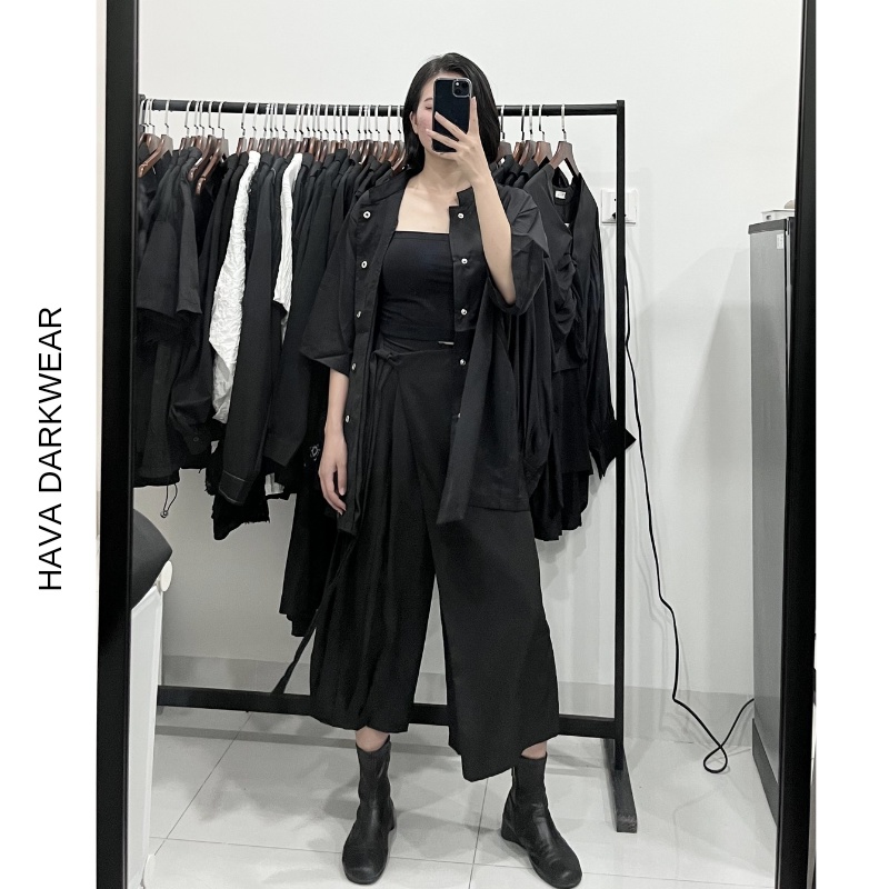 Quần váy màu đen HAVADW vạt chéo cá tính chất trượt hàn mềm mát Q57