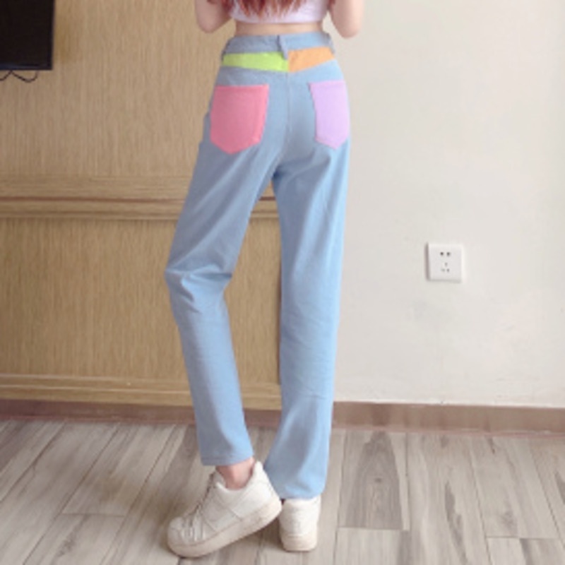 Quần Jean Phối Màu Tương Phản Thời Trang 153023 Quần Dài Lưng Cao Ống Rộng Màu Sắc Sáng Phong Cách Retro Dễ Phối Đồ