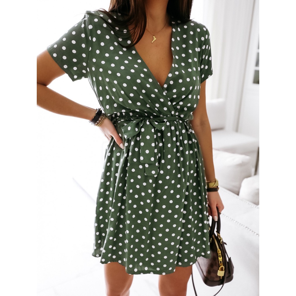 TODOBLACK Đầm Tay Ngắn Cổ Chữ V Họa Tiết Chấm Bi Phong Cách Boho Thời Trang Mùa Hè Cho Nữ