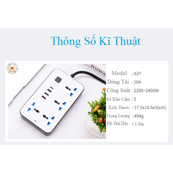 Ổ Cắm Điện Đa Năng GUOKANG, Có Bảo Vệ Khe Cắm Chống Giật, 3 Cổng Sạc Nhanh USB, 1 Cổng Type C Thế Hệ Mới