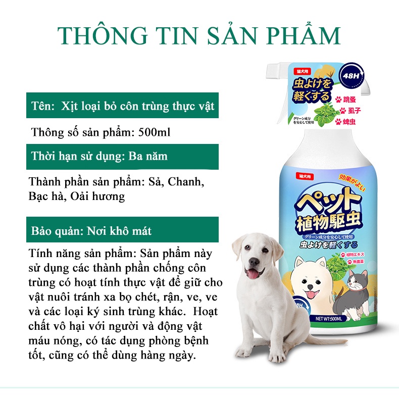 Chai XỊt Tiêu Diệt Bọ Ve Và Bọ Chét Cho Thú Cưng 500 ml Với Dầu Tự Nhiên An Toàn Cho Người Mùi Thơm Nhẹ Nhàng