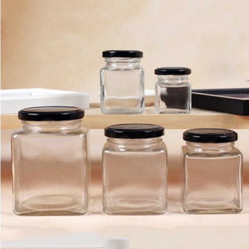 Hủ thuỷ tinh vuông 100ml 200ml 280ml 380ml 500ml 750ml nắp thiếc vàng hoặc đen có seal nhôm cán nhiệt