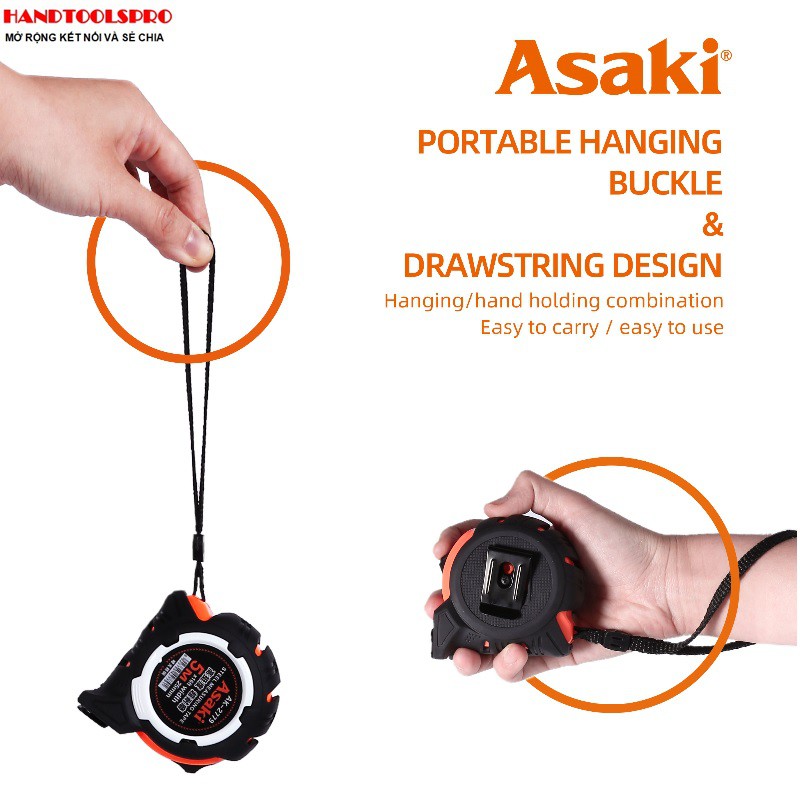 Thước kéo nền trắng cao cấp hệ mét vỏ bọc cao su chống va đập Asaki 3m,5m,7.5m,10m