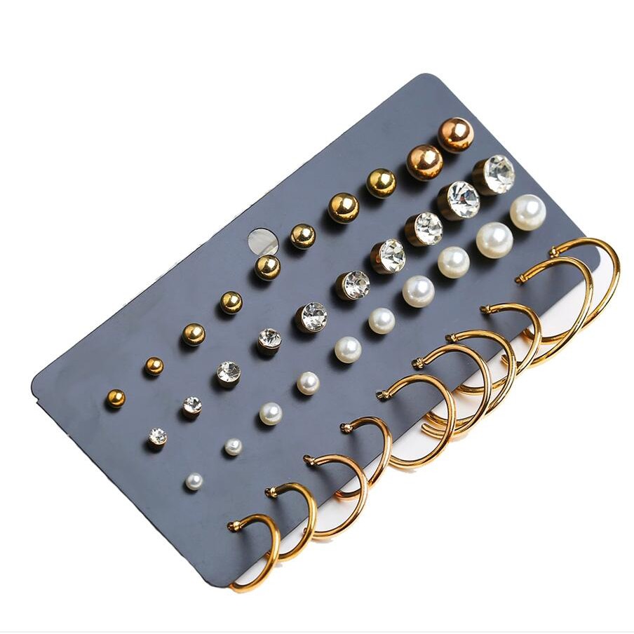 Set 40 Khuyên Tai Tròn Đính Hạt Pha Lê Thời Trang