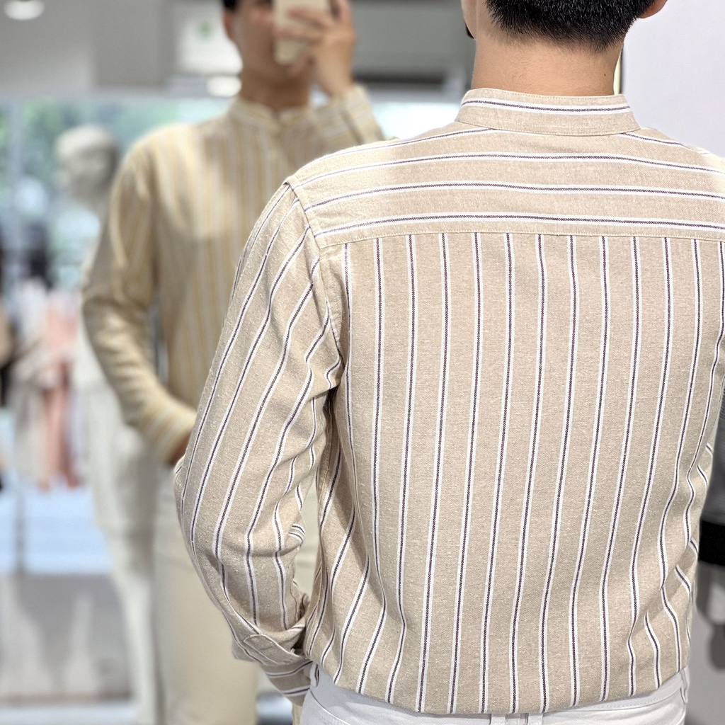 Áo Sơ Mi Nam Dài Tay Phối Sọc Màu Be BY COTTON Linen Beige Stripes Shirt