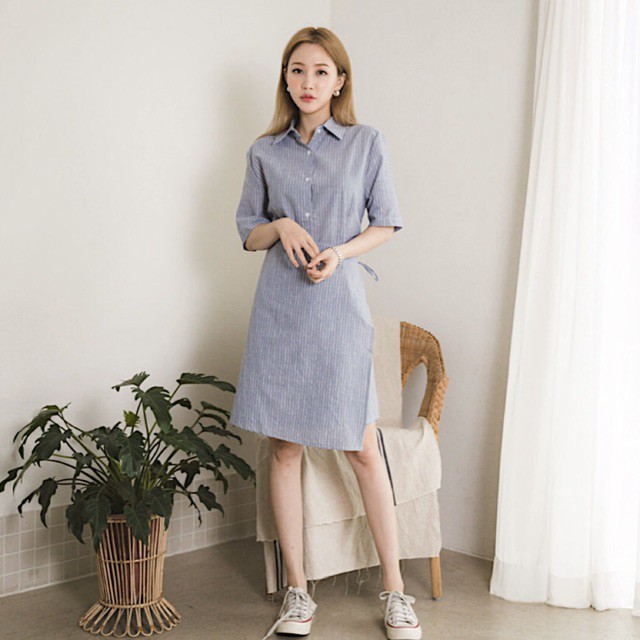 TT123 - Đầm Sơ Mi Sọc Đen Đắp Tà V2 Hot