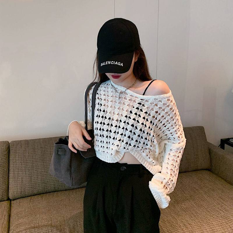 Áo croptop Aimeehouse áo lưới đan len trắng dài tay phong cách trẻ trung cá tính Hàng Quảng Châu