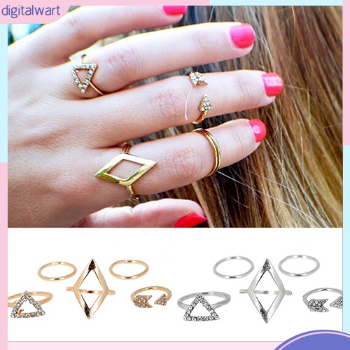 Set 5 nhẫn đeo giữa ngón tay đính đá phong cách Boho