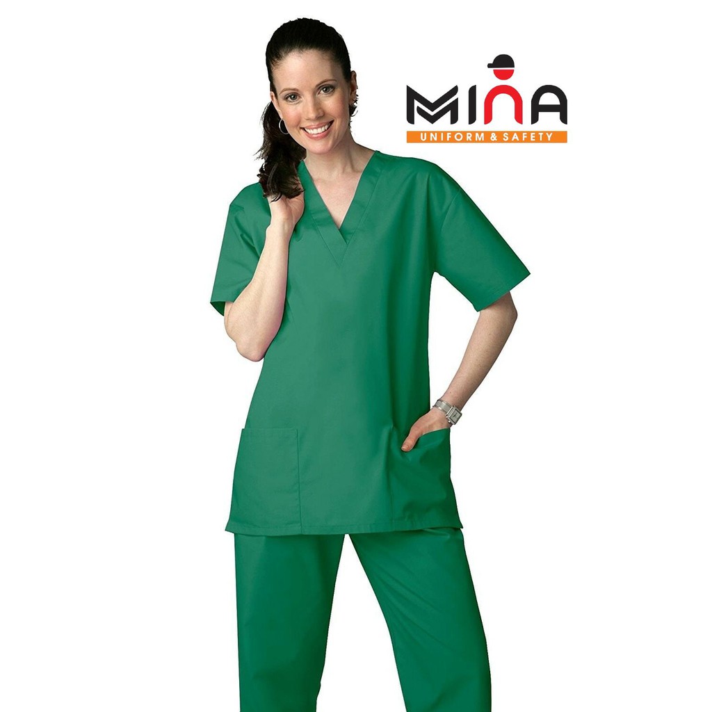 Bộ scrubs bác sĩ, quần áo y tế - Màu Xanh lá không túi ngực (có hình ảnh thực tế)