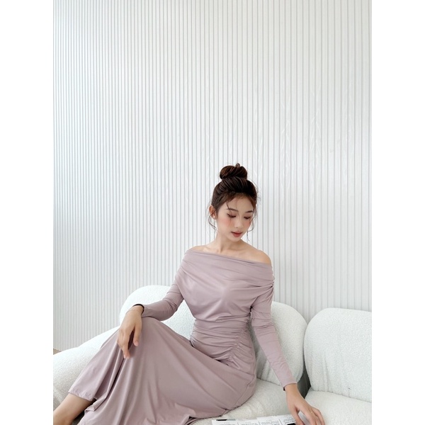 Váy trễ vai thu đông dáng dài chiết eo tiểu thư