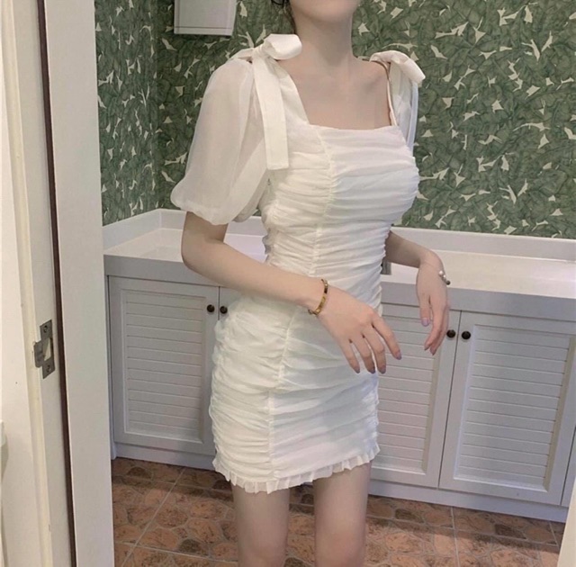 Đầm trắng body đi tiệc nhún bèo che khuyết điểm cực tốt Sun Fashion