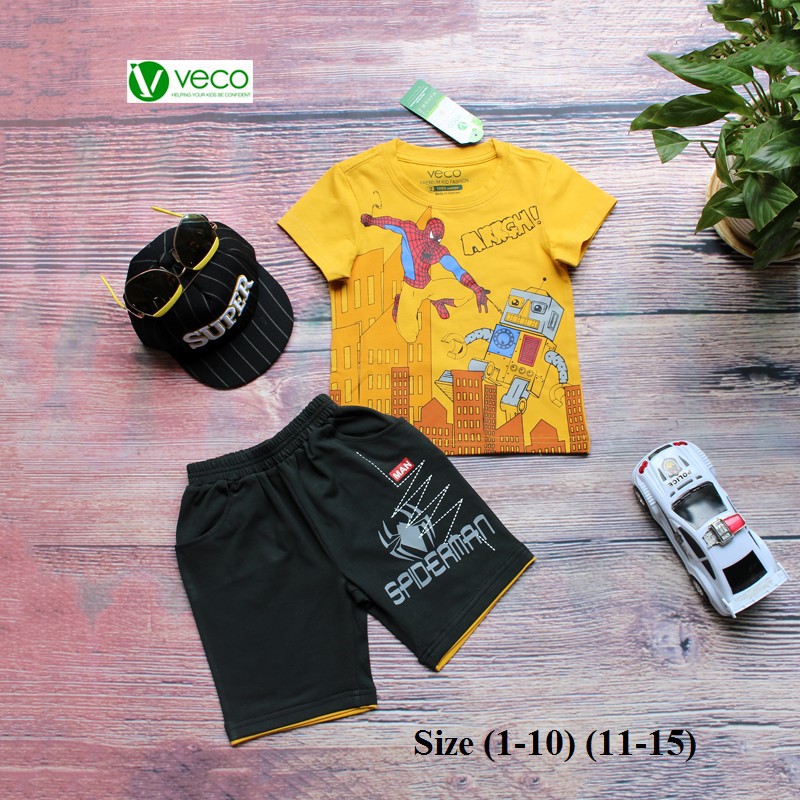 Quần áo trẻ em xuất khẩu cao cấp - Bộ thun bé trai người nhện thương hiệu Veco màu vàng