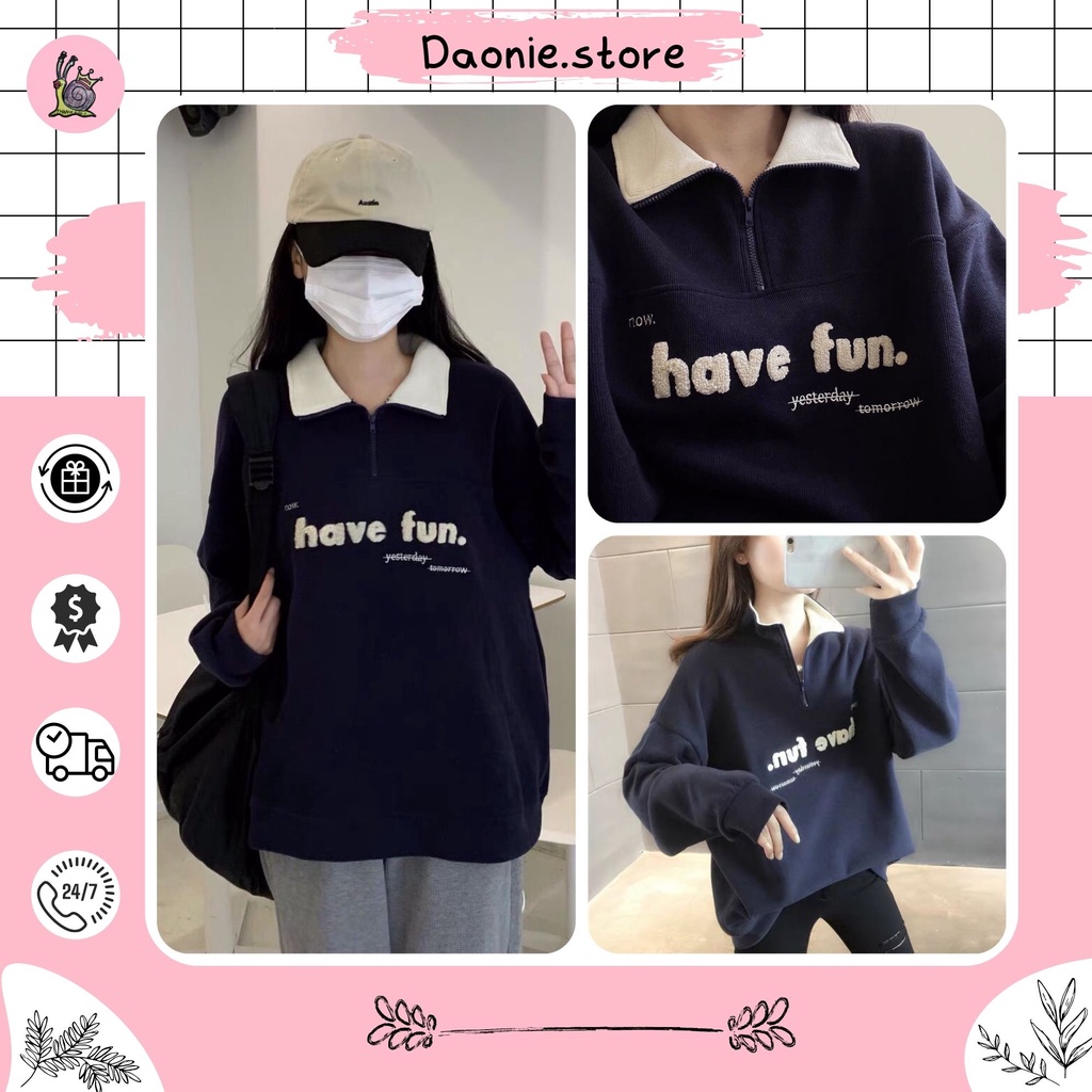 Áo Nỉ Polo Nam Nữ Have Fun [FREESHIP] ♥ Sweater form rộng tay bồng, hoodie zip khóa kéo phối cổ trắng cá tính Ulzzang ♥