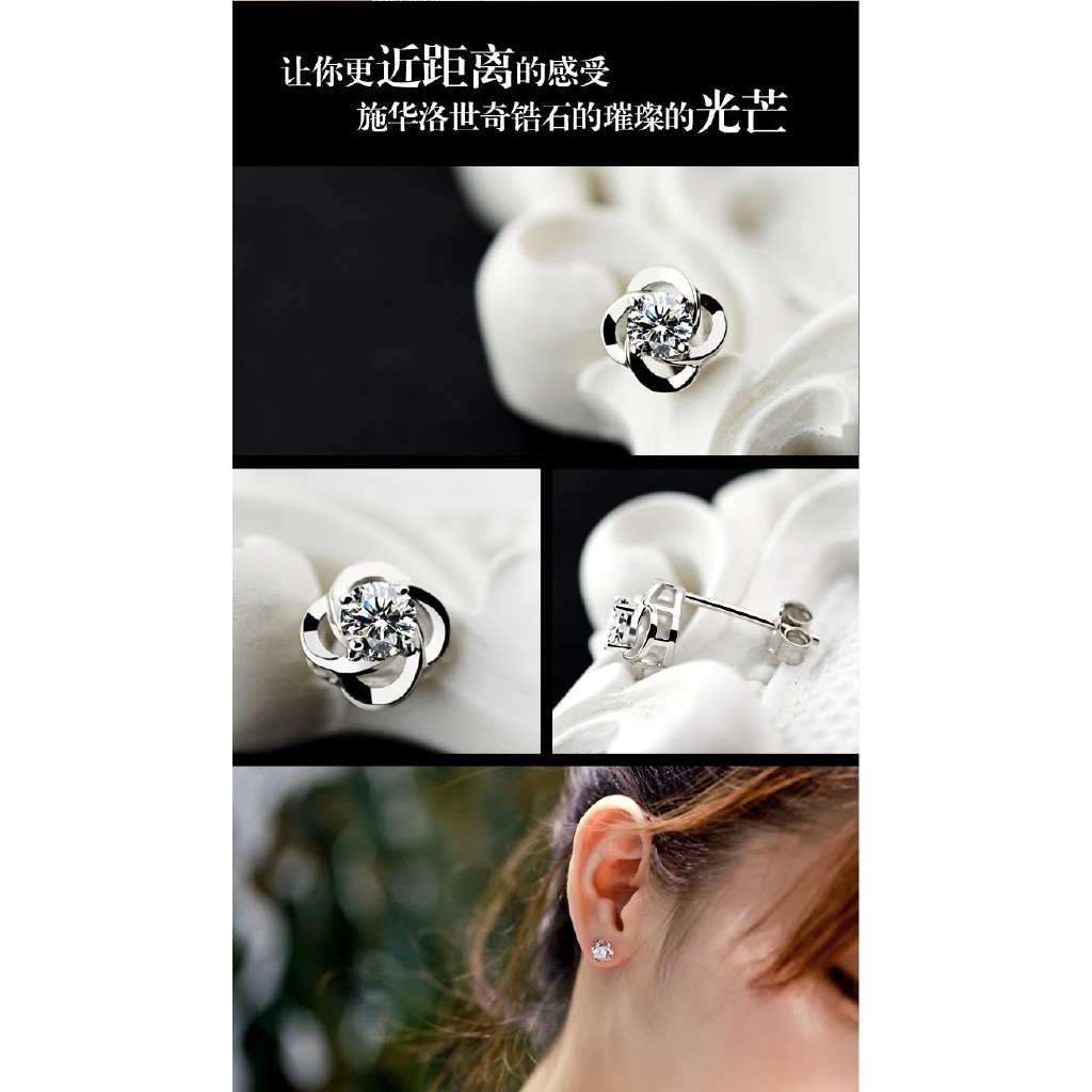 Khuyên Tai Mạ Bạc 925 Hình Cỏ Bốn Lá Đính Đá Xinh Xắn