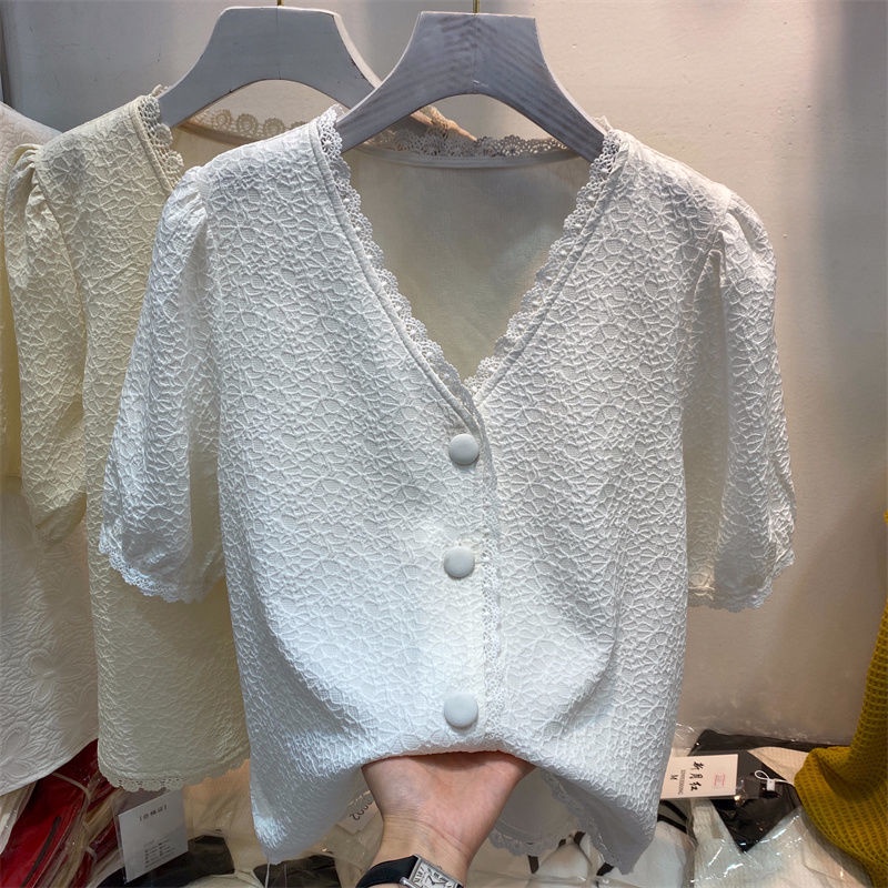 Áo Sơ Mi Ngắn Tay Cổ Chữ V Phối Ren Thiết Kế Mới Thời Trang Mùa Hè Dành Cho Nữ