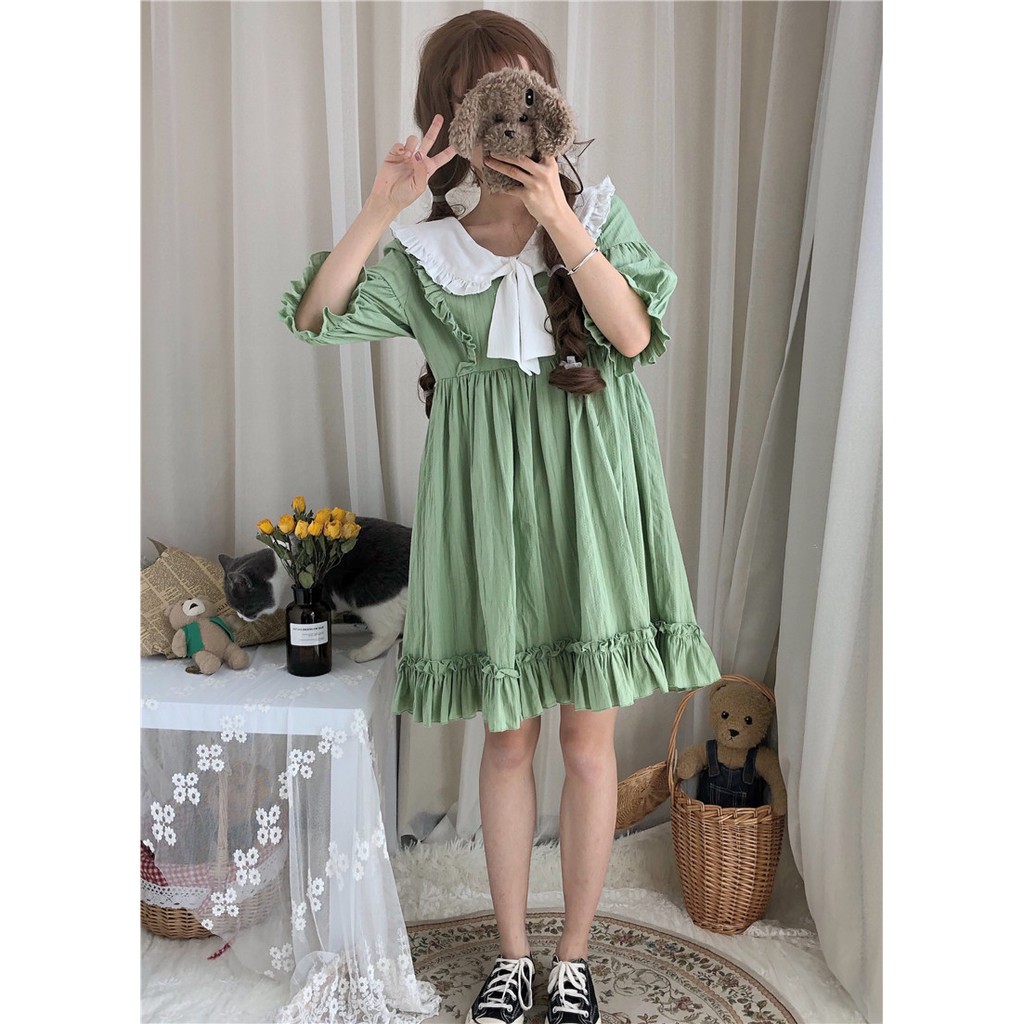 Đầm baby doll tay ngắn tay áo lồng đèn thắt nơ ulzzang ( 2 màu )