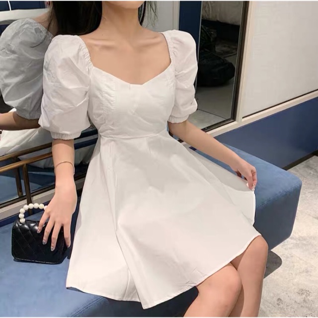 Váy trắng đen tay bồng dáng ngắn cực xinh chụp kỉ yếu đi tiệc đều đẹp có big size