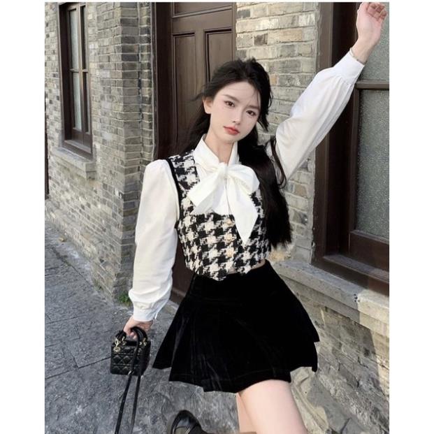 Set áo sơ mi kiểu cột nơ ngực, ghile ziczac đen kèm chân váy xòe đen