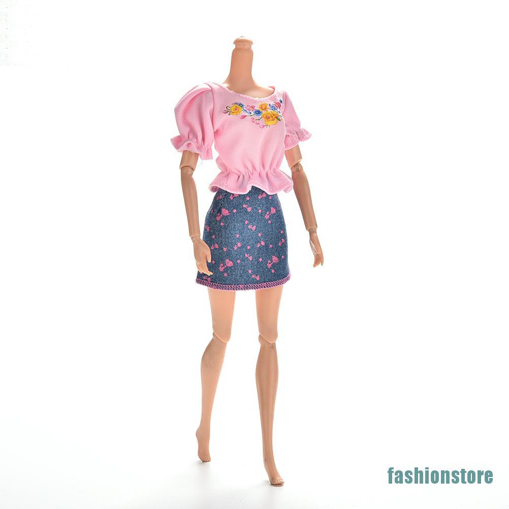 Set 2 Món Áo Thun Và chân váy jean Xanh Cho Búp Bê Barbie