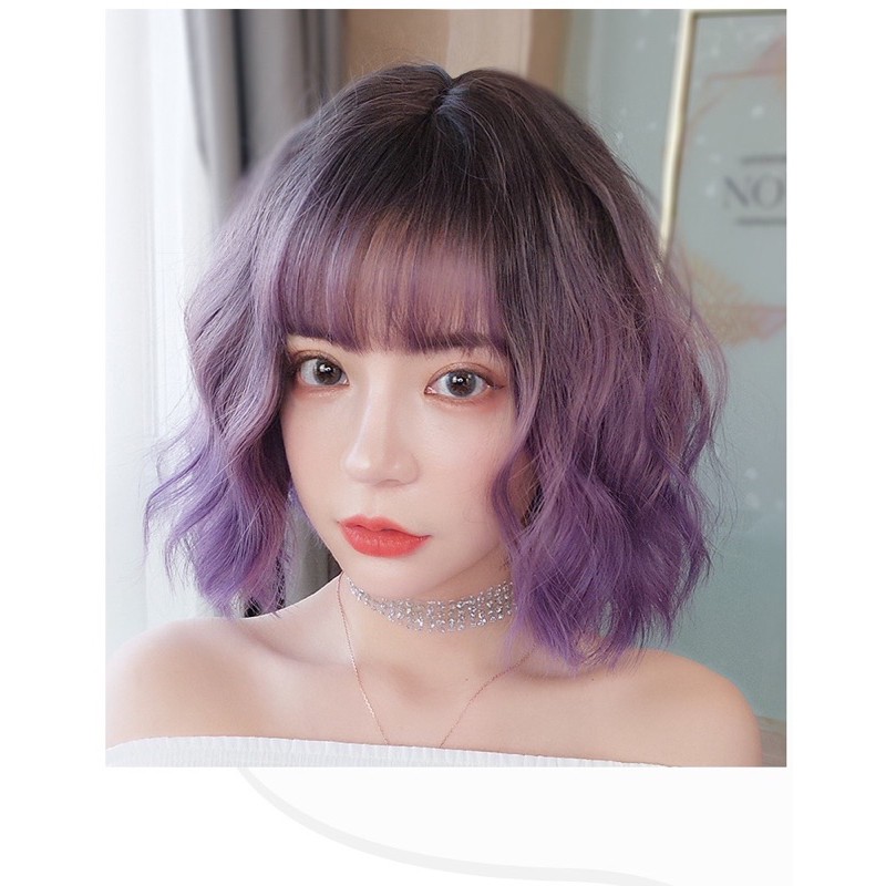 Tóc Giả Nguyên Đầu Vic Xù Sóng Ngắn Ombre Tím D3086