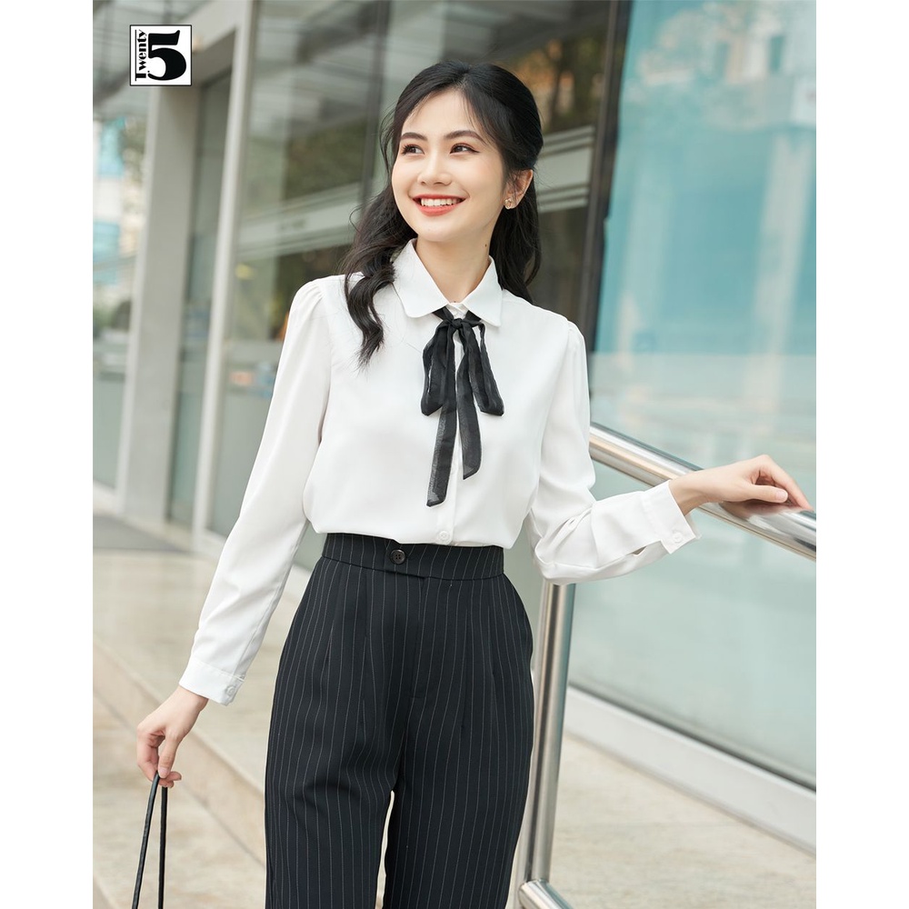 Áo sơ mi công sở nữ trắng basic tay dài cổ nơ voan rời Twentyfive NNA2