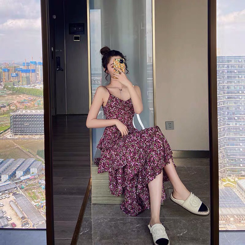 Váy hai dây hoa nhí màu tím retro xòe 4 tầng điệu  đà vintage mùa hè Hàn Quốc thoáng mát