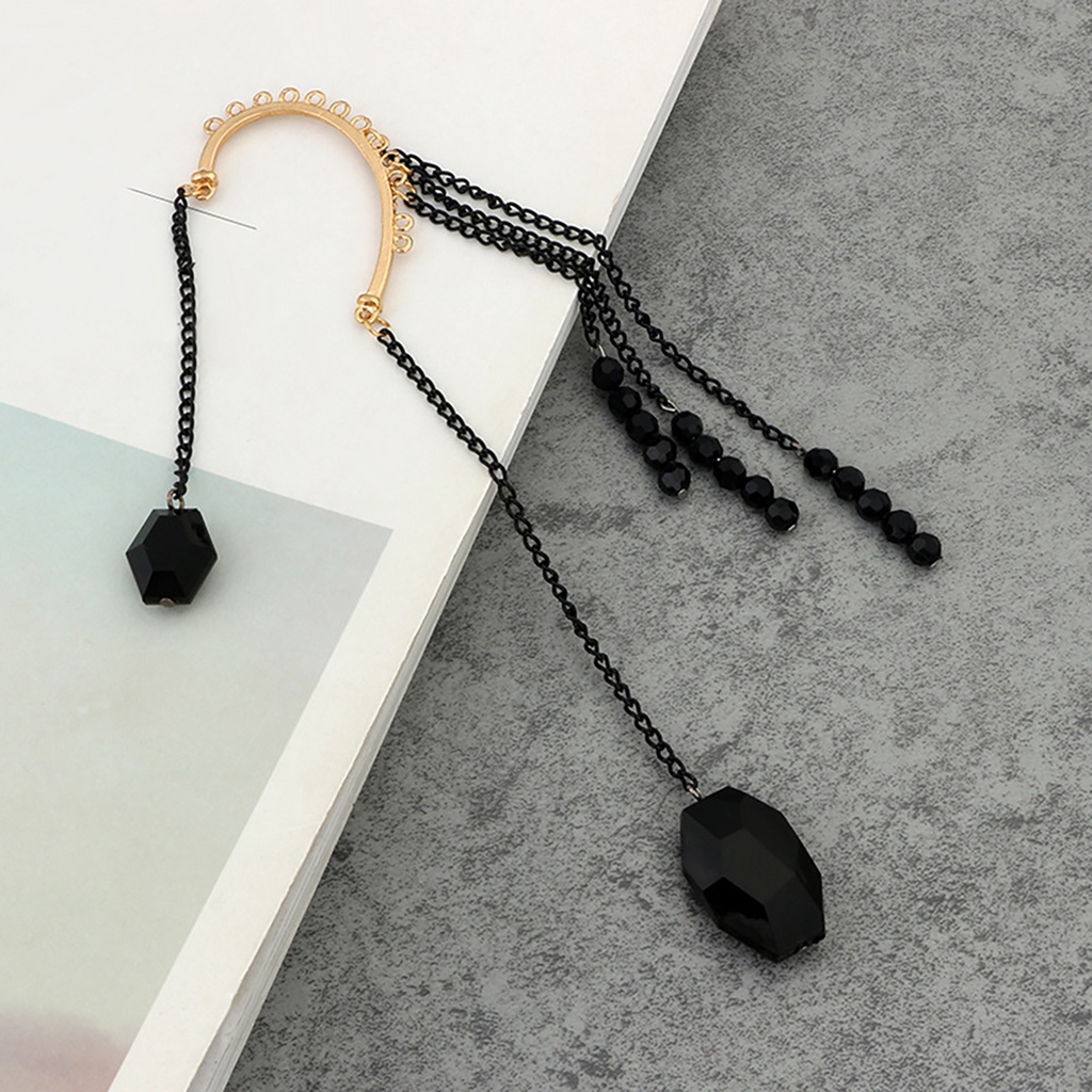 Khuyên đeo vành tai kiểu dài đính hạt đen nhân tạo huyền bí cho nữ