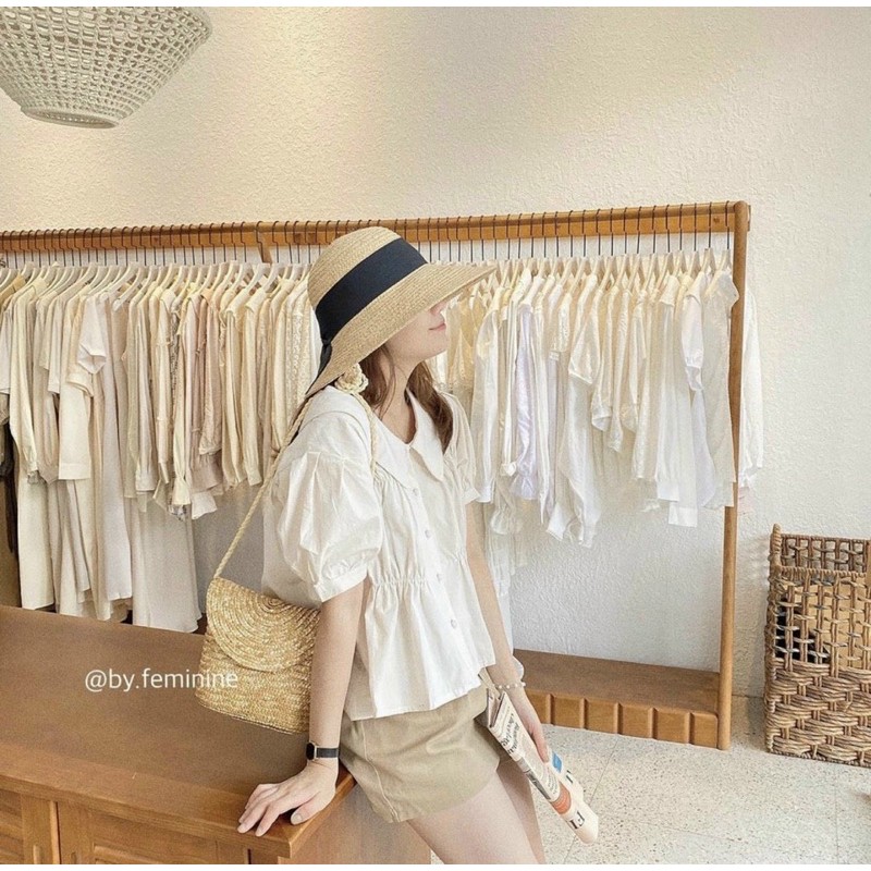 SET ÁO TRẮNG CỔ BÈO RÚT EO TAY BỒNG + SHORT