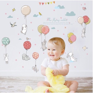 Decal dán tường hình thỏ và bóng bay trang trí phòng bé