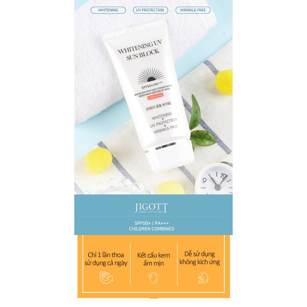 Kem chống nắng hàn quốc, kem chống nắng dưỡng trắng, che khuyết điểm JigotT Whitening UV SunBlock SPF50+/PA+++