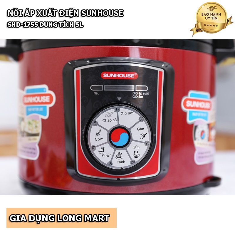 Nồi áp suất điện Sunhouse SHD1755 5 Lít, Chế độ ninh hầm siêu nhanh tiết kiệm thời gian,Tặng kèm xửng hấp, BH 12 Tháng