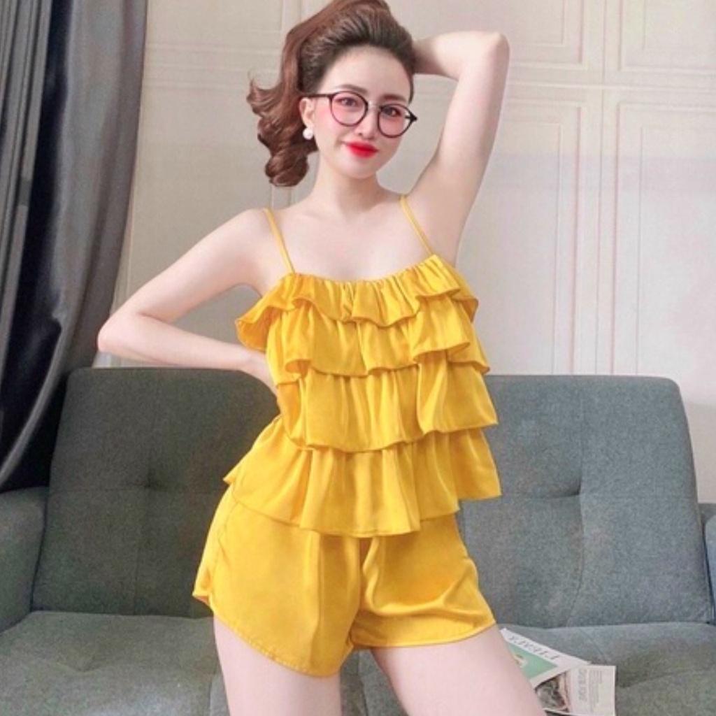 Đồ Bộ Nữ Lụa Satin Cao Cấp Phối Bèo 4 Tầng Nhiều Màu Cực Sexy Và Thoáng Mát Mặc Nhà Mặc Đi Ngủ