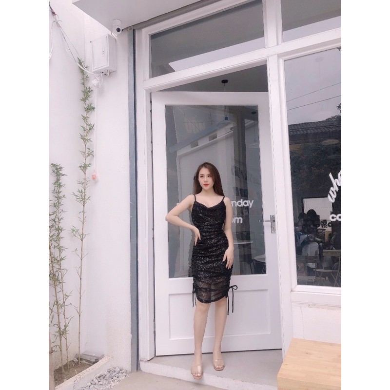 Đầm dự tiệc kim sa cực chất, sang chảnh, váy đầm body 2 dây kim sa body cổ đổ có mút ngực