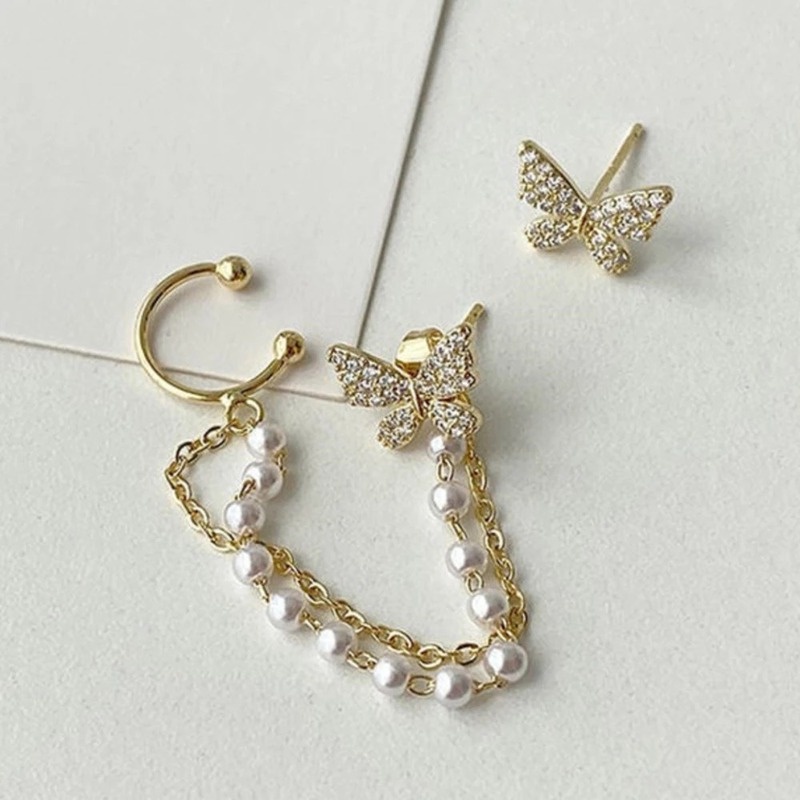 Bông Tai Dáng Dài Đính Đá Và Ngọc Trai Giả Hình Bướm Phong Cách Hàn Quốc