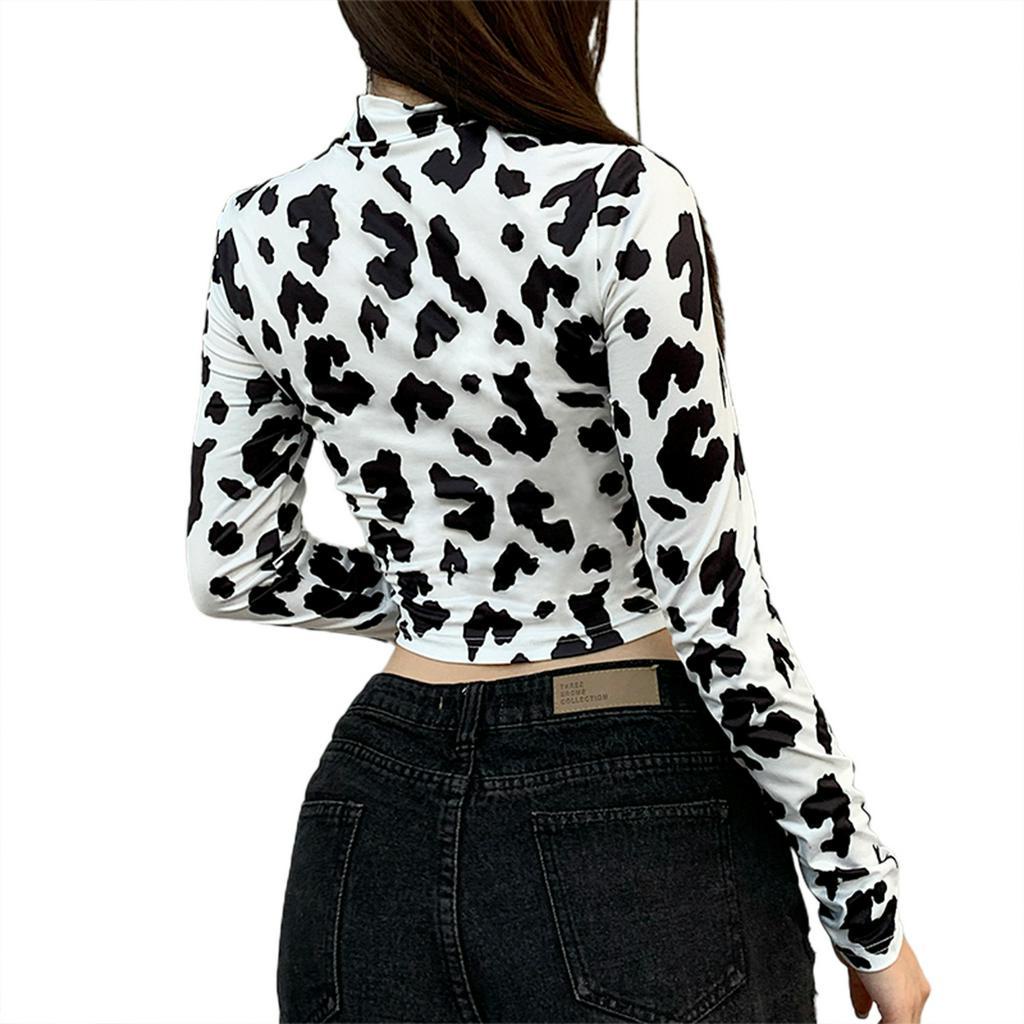 Áo thun croptop tay dài cổ lọ ôm dáng vừa vặn in họa tiết da bò sữa thời trang hè thu dành cho nữ
