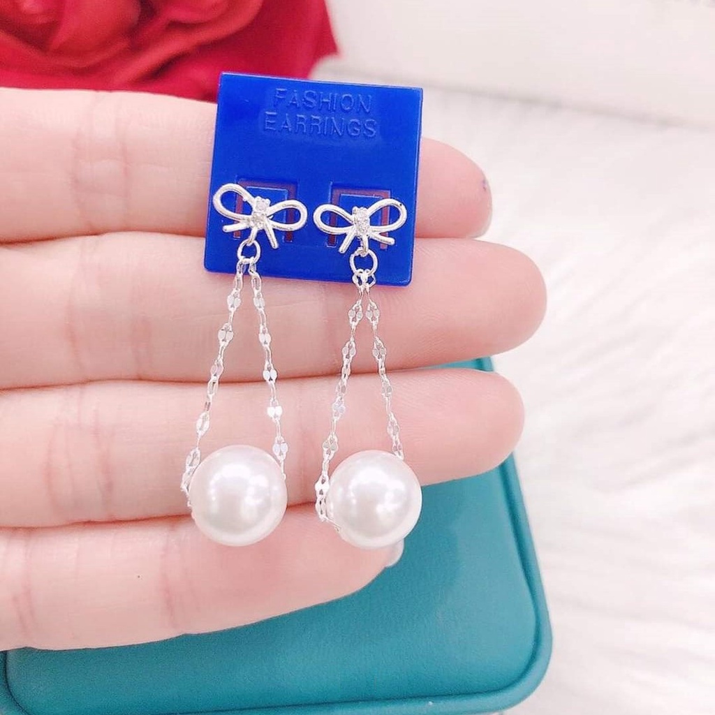 Bông tai bạc hình nơ treo hạt trai, khuyên tai bạc ta mẫu mới 2021 - Trang sức bạc Evasilver