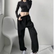 Quần jogger nữ bo gấu dây rút gấu vải nỉ da cá dày đẹp xám đen
