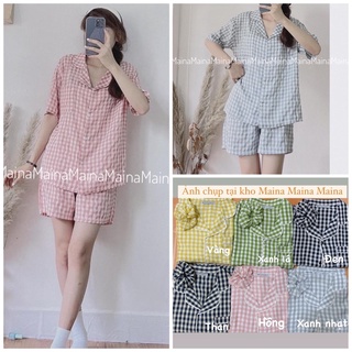 Bộ ngủ kẻ sọc - Pijama cộc cộc tặng kèm Scrunchies