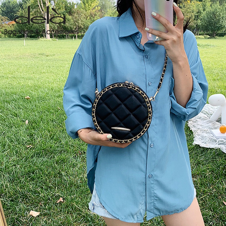 Dela Túi Đeo Vai Hình Tròn Cỡ Nhỏ Phối Dây Xích Thời Trang Xu Hướng Cho Nữ