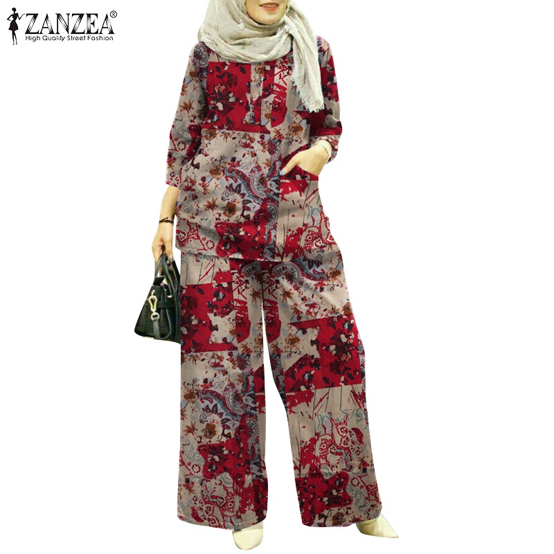 Zanzea Set Quần Dài Ống Rộng Và Áo Tay 3 / 4 Phong Cách Bohemian Cho Nữ